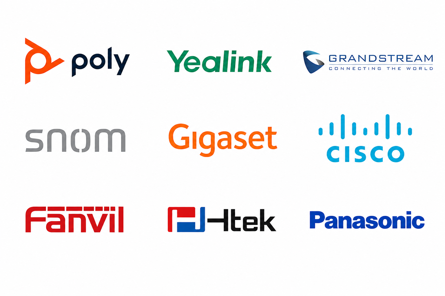 Compatible VoIP handset brands: Poly, Yealink, Grandstream, Snom, Gigaset, Cisco, Fanvil, Htek, Panasonic